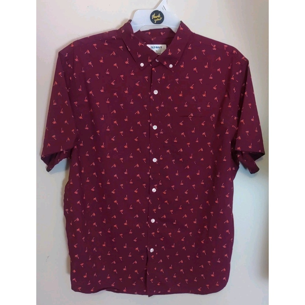 Old‎ Navy Men Spicy Burgundy Palm Tree Print Shortsleeve Collared Shirt Size Xl